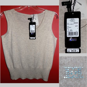 NWT Escada sleeveless cashmere sweater L $325 Beige Swarovski crystal logo Shell